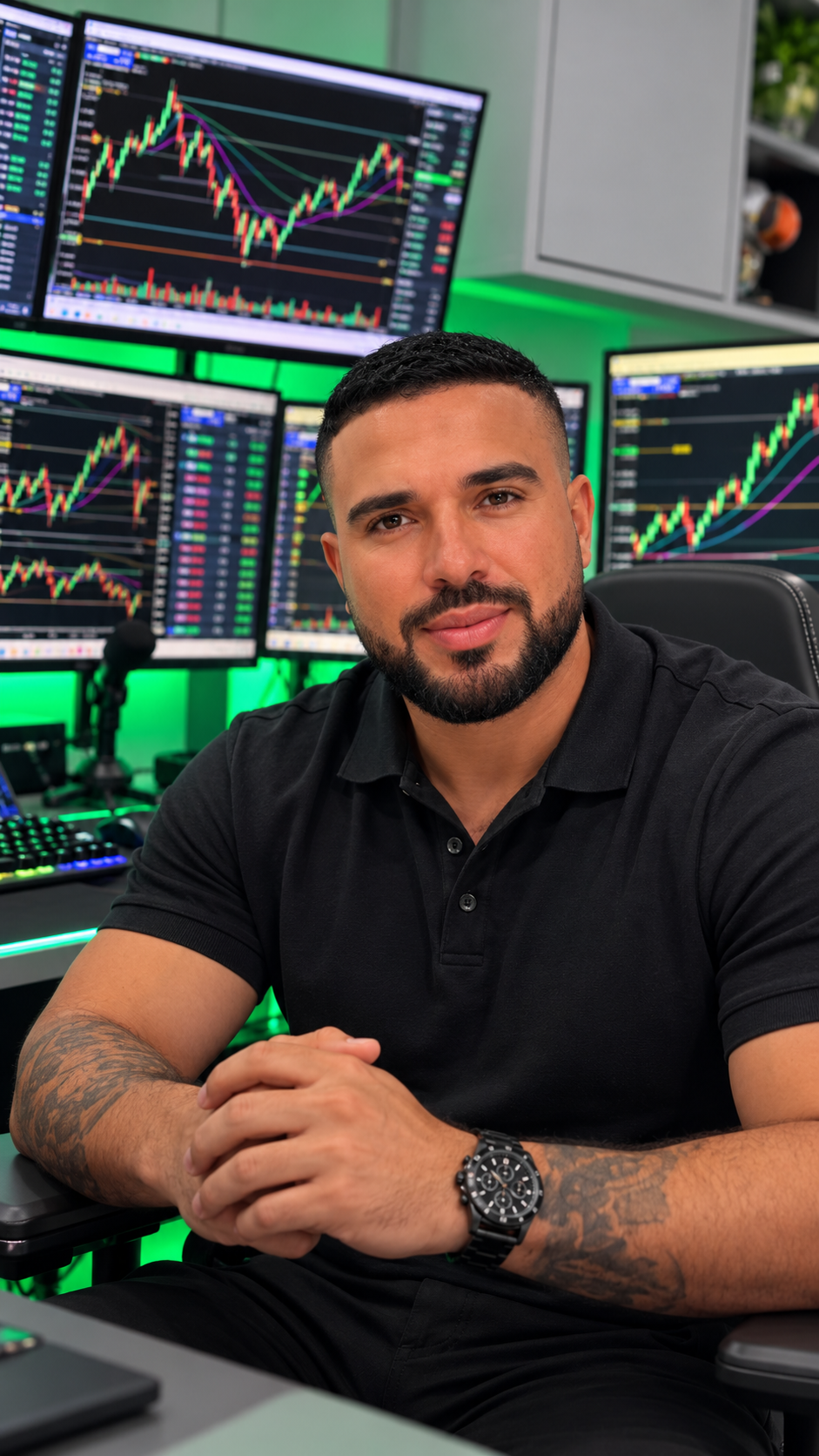 Fundador de TradeCampus en su oficina de trading, con varios monitores de gráficos detrás