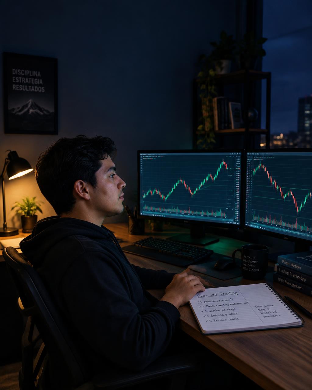Estudiante de trading aplicando su plan de operación con calma frente a dos monitores