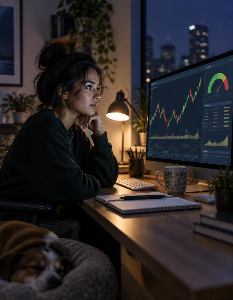Estudiante de trading revisando su panel en el monitor de su casa por la noche