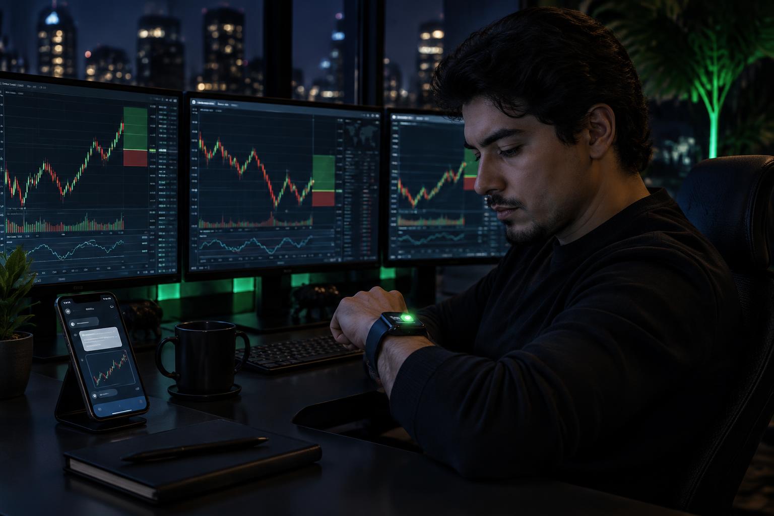 Trader revisando en su reloj inteligente una alerta de entrada mientras la IA analiza los gráficos